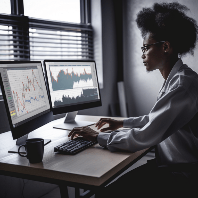 Data analyst working on a computer with charts and graphs