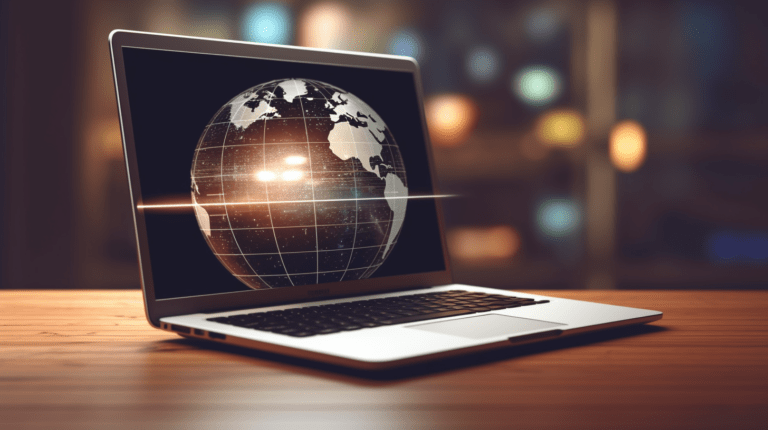 Laptop, globe, and server rack representing domain and hosting