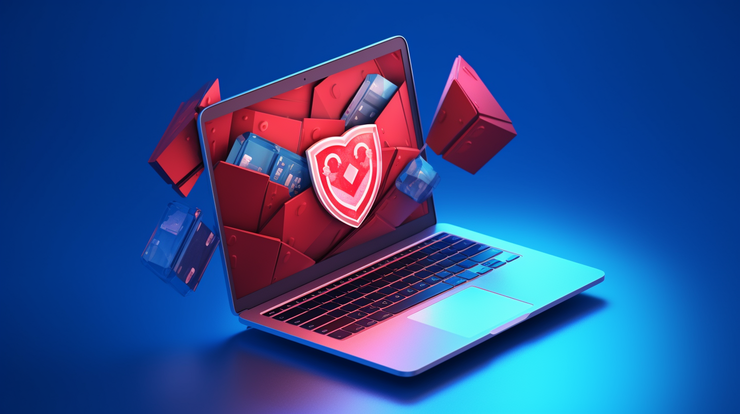 Laptop protected from spam messages by a blue shield