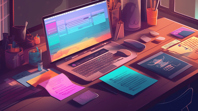 Web developer's workspace with code and color palette