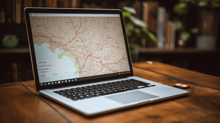 Laptop displaying a map with marked locations