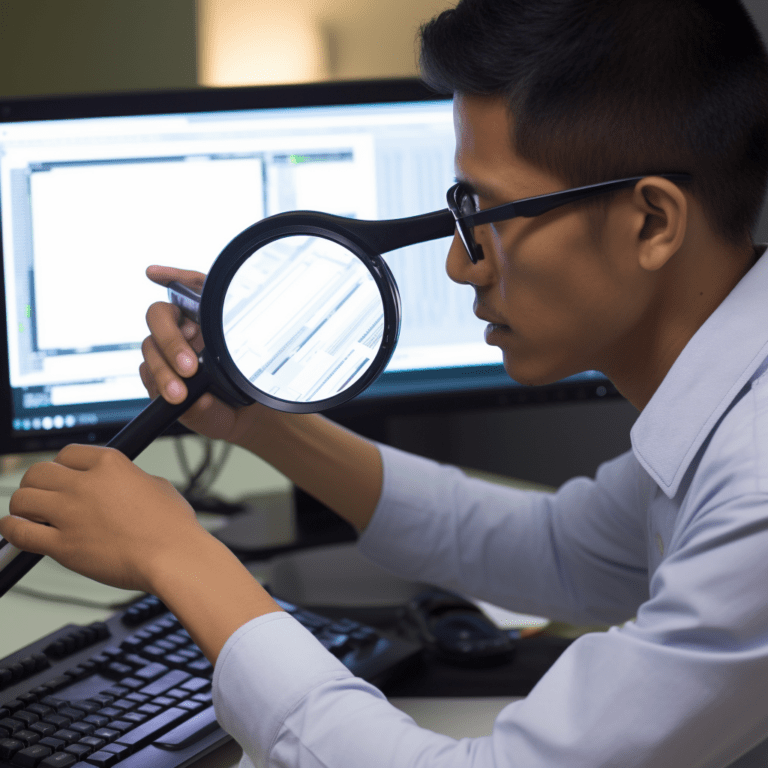 Tester examining software for bugs