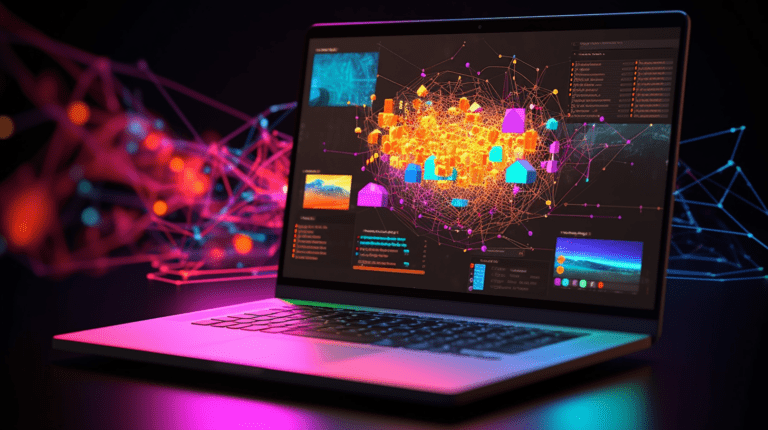 Laptop and elements representing Express.js web development