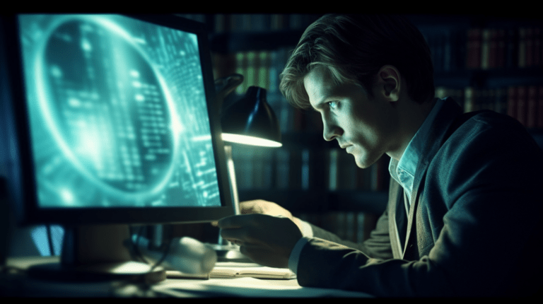 A tester examining data on a computer screen.