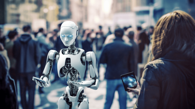 Person holding a smartphone next to a robot, symbolizing automated testing of a messaging app.