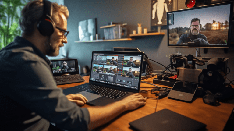 A person testing a live video broadcast on multiple devices.