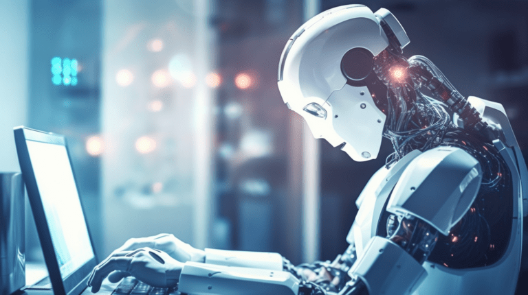 Robot testing an application on a computer.