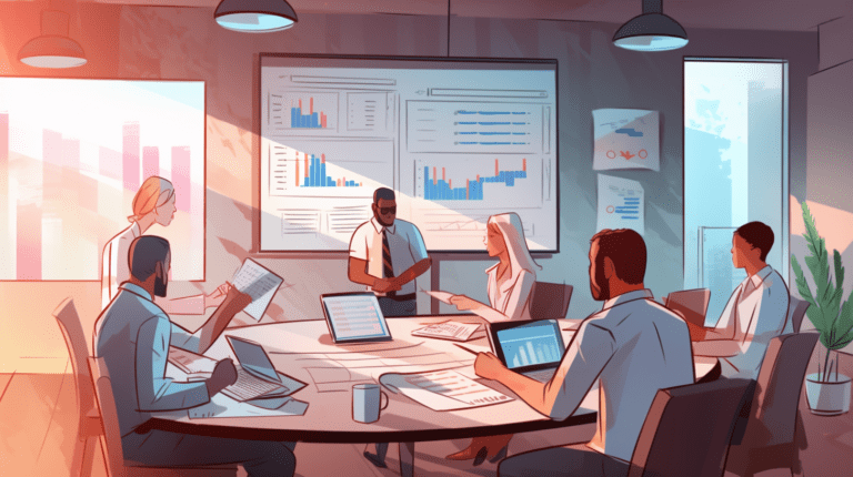 Project manager and team discussing data analytics.