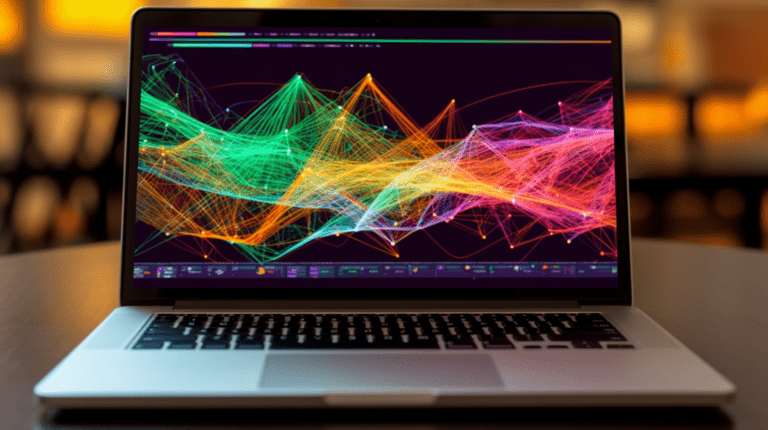 Laptop displaying dynamic data visualizations using D3.js.