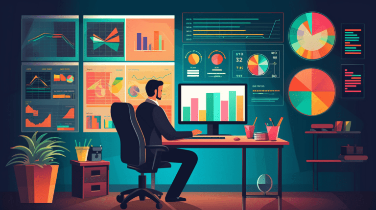 An analyst studying various data visualizations on a computer screen.