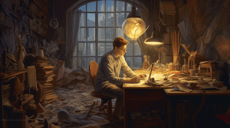 Person at a desk surrounded by objects representing the stages of data analysis.