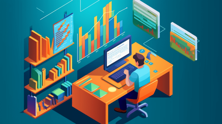 Data analyst working at a computer with a statistics book.