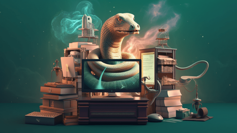 Python snake and symbols representing Python libraries.