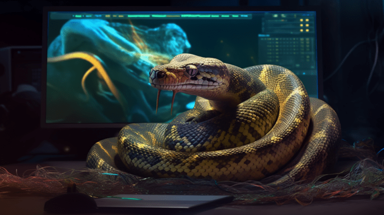 Python snake on a computer screen with code.