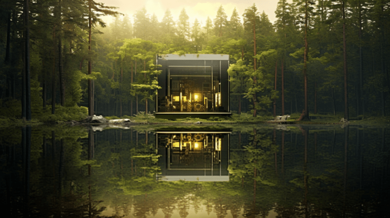 A serene lake hosting a large data server.