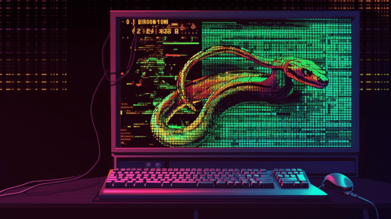 A Python coding environment and a server rack.