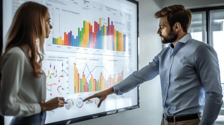 Analysts studying data chart.