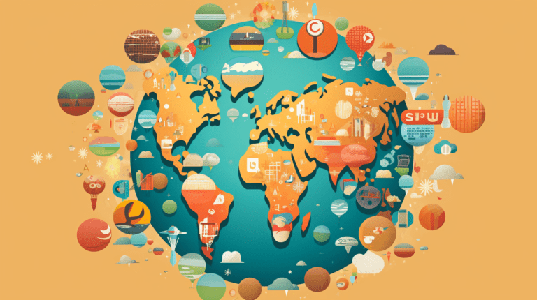 Globe with multilingual speech bubbles.