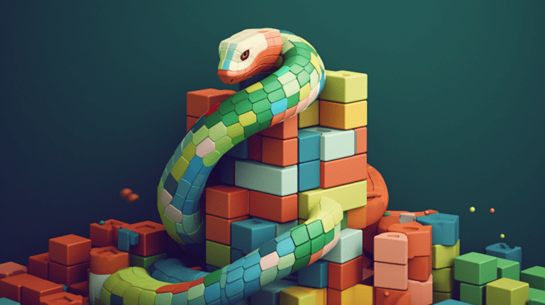 Python snake with multicolored blocks, representing JSON data conversion.