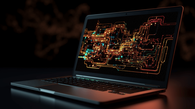 Asynchronous programming concept with laptop and gears.