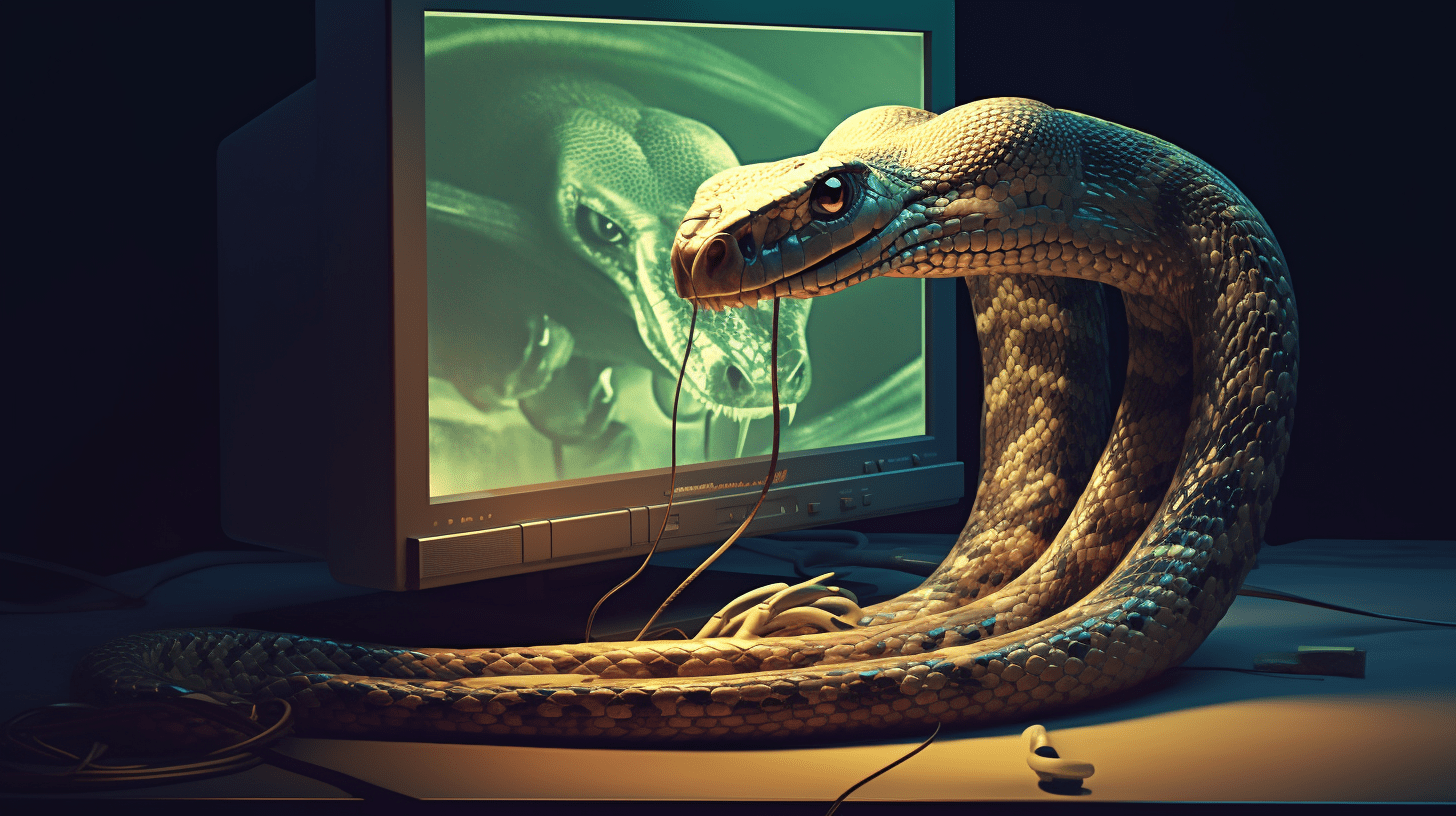 A python snake interacting with a computer.