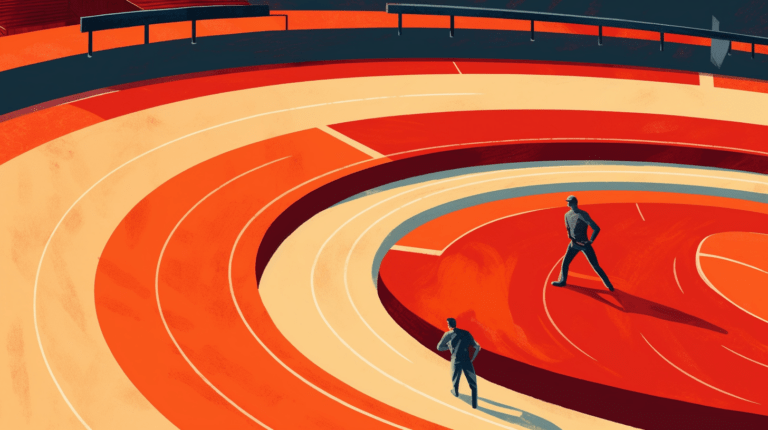 A runner stopping at a specific point on a track, representing breaking a loop in JavaScript.