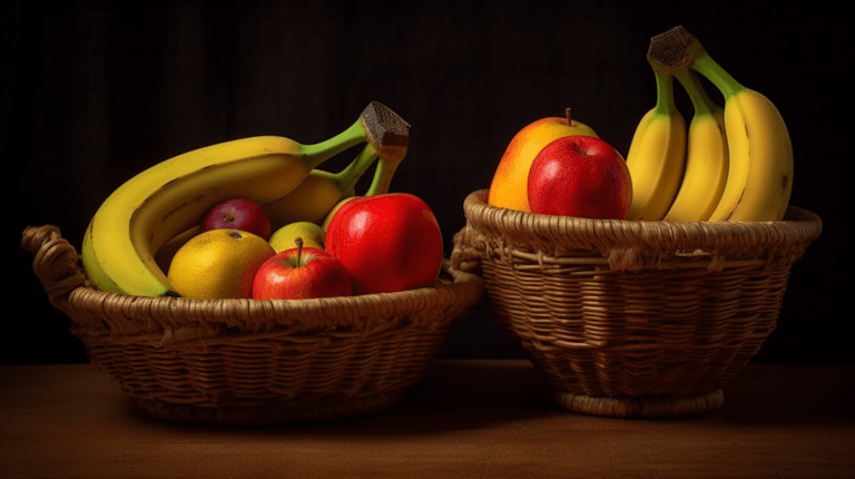 Merging and removing duplicates in arrays illustrated with fruit baskets.