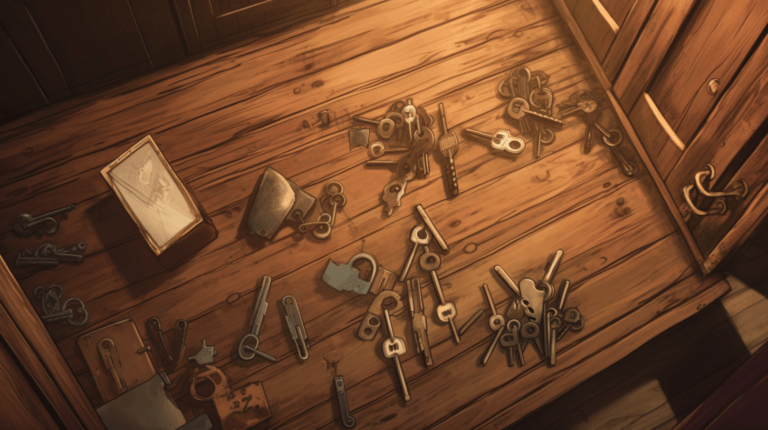 Various keys and a door.