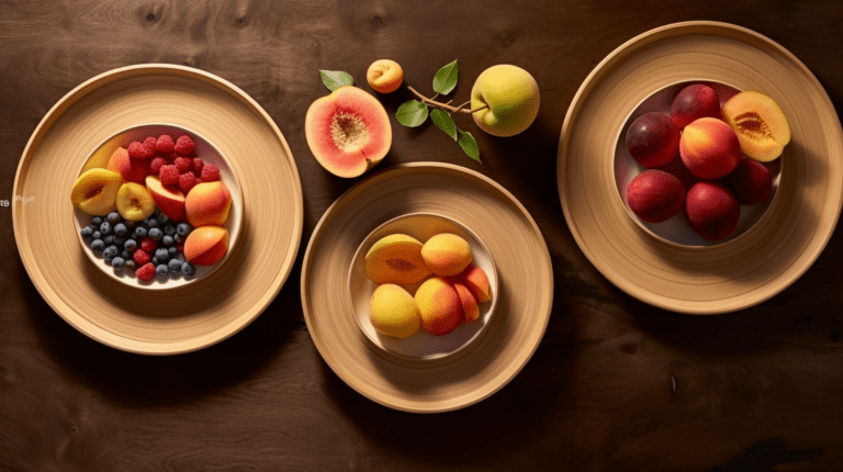 Fruits on a table with description tags.