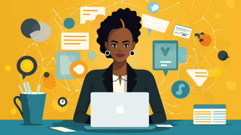 Businesswoman using a CRM system on her laptop.