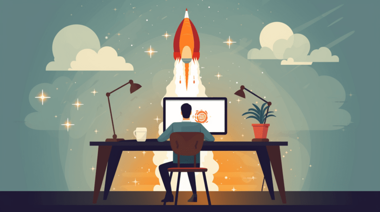 Web development process represented by a rocket launch.