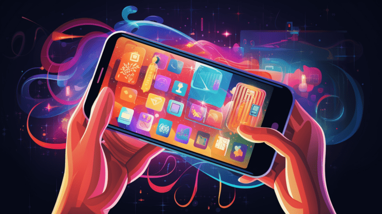 Hand holding a phone demonstrating interface elements.