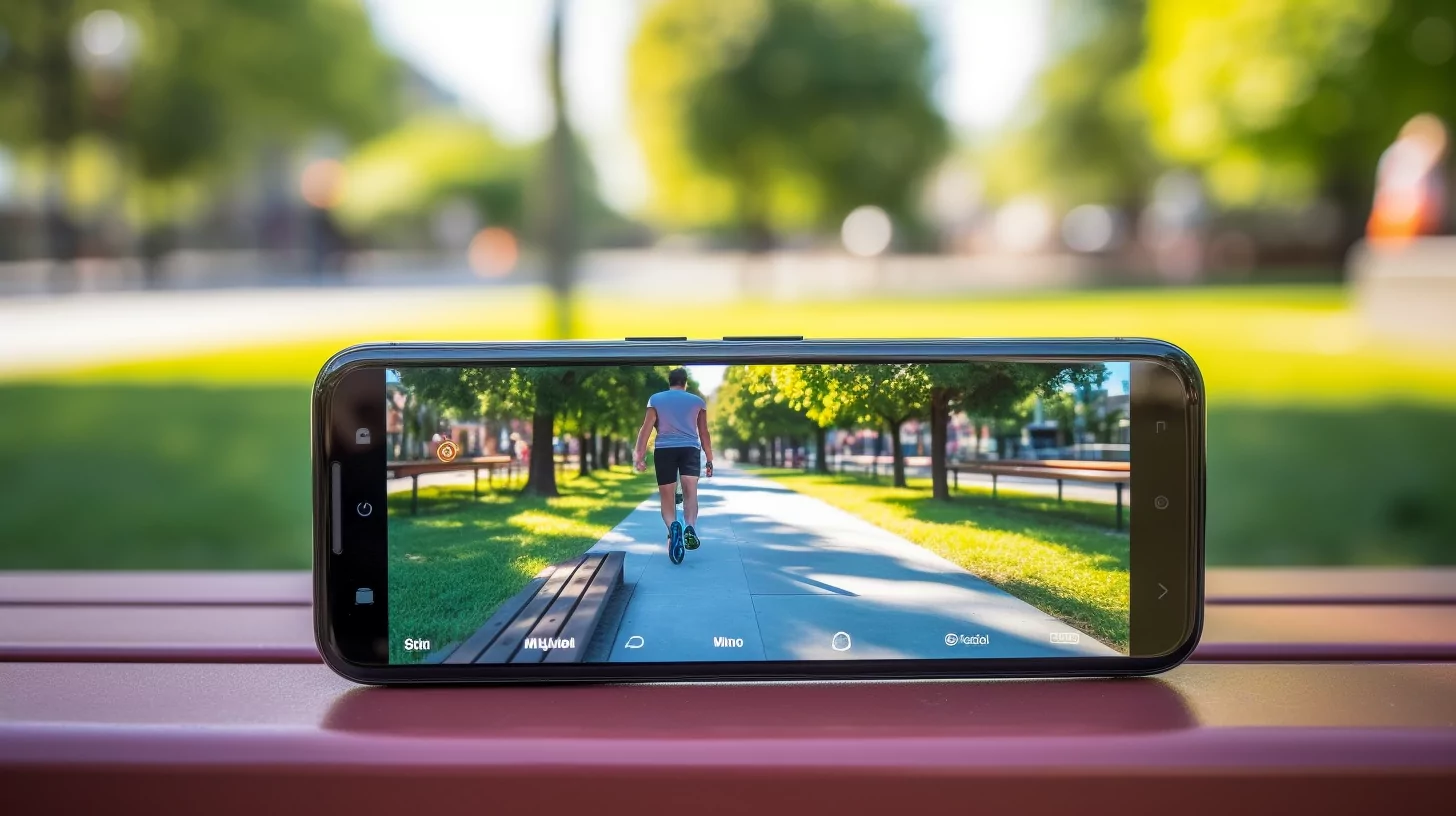 Smartphone testing a fitness app in a park setting.