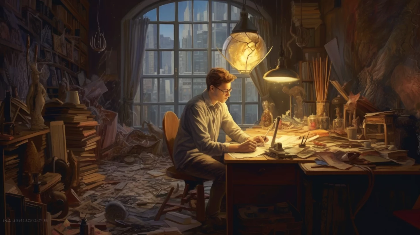 Person at a desk surrounded by objects representing the stages of data analysis.